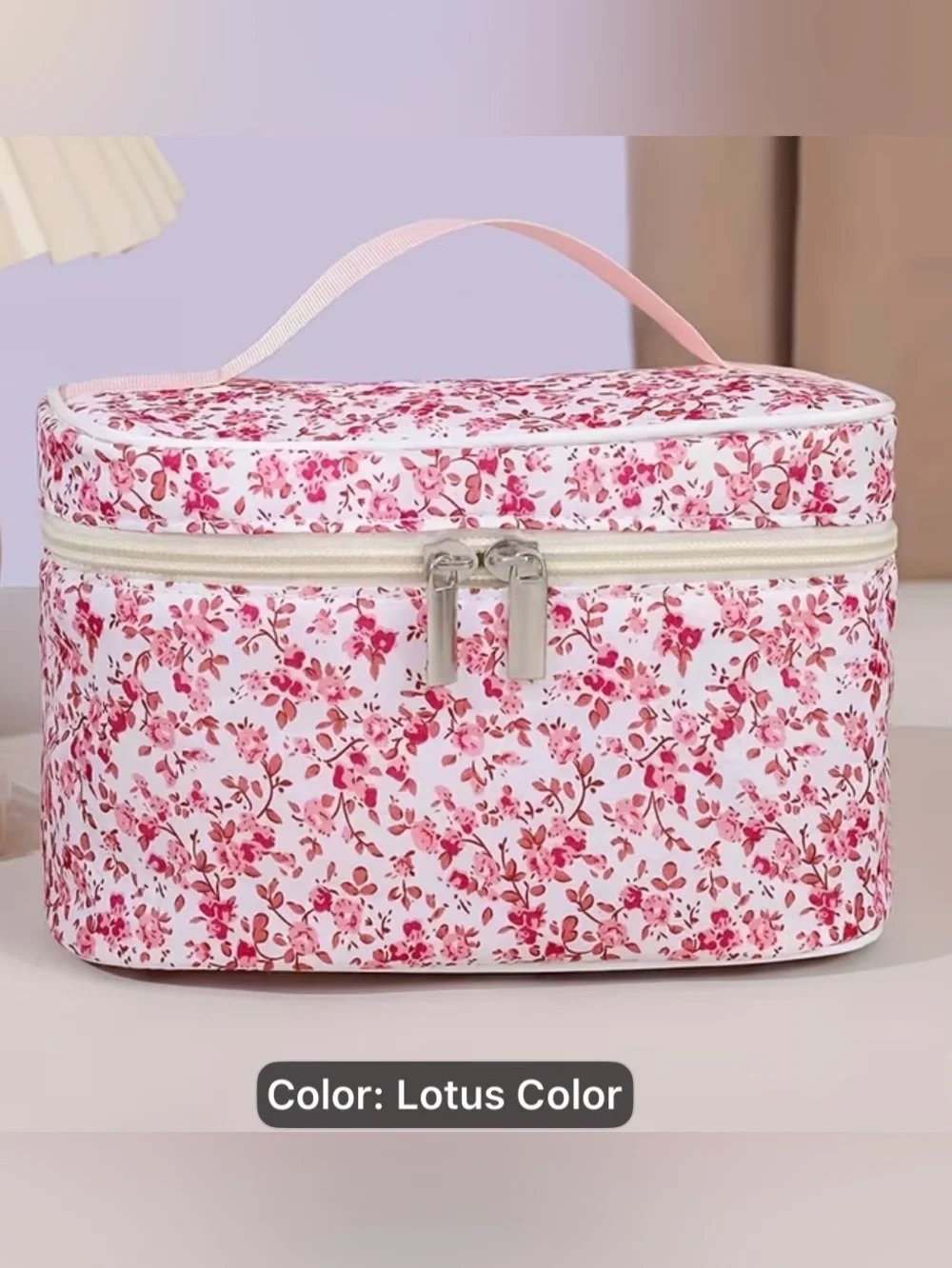 Floral print makeup bag suitable for travel and daily use.
